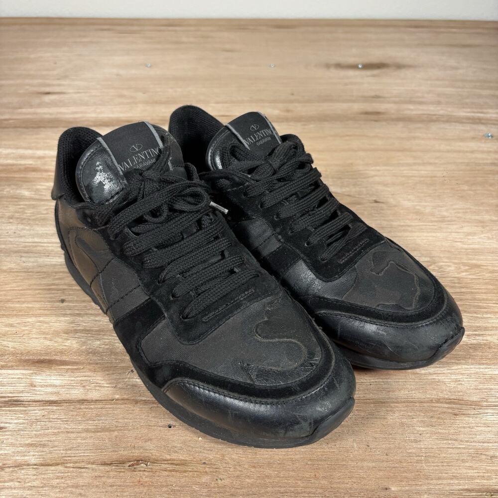 Valentino Garavani Rockrunner Black Camouflage Sneaker Lace Up Low Top READ DESC